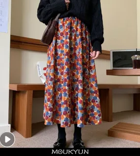 Gonna da donna in velluto a coste floreale Moukyun Gonne midi in vita morbida ed elastica casual retrò eleganti tutte abbinate a