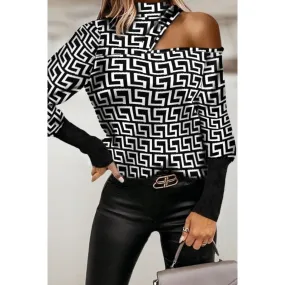 Maglietta elegante con stampa geometrica e scollo alto Venitya, nera