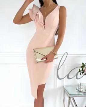 New Fashion Off Spalla Solid Slim Mid Dress Donna Estate Abito senza maniche Lady Elegante scollo a V Una spalla Ruffle Dre