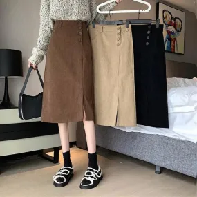 Xpqbb Gonne in velluto a coste autunno inverno Gonna a linea A con spacco laterale a vita alta femminile Bottoni eleganti che de